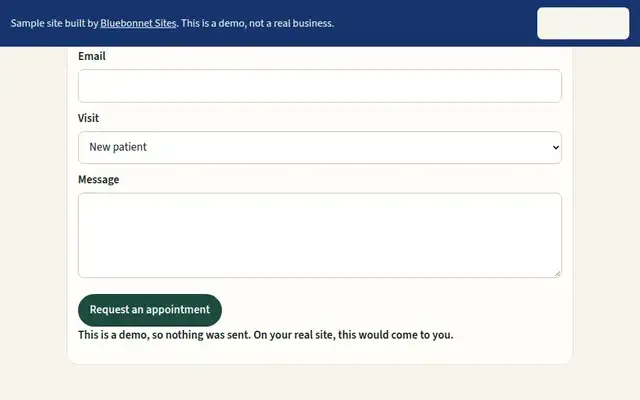 Screenshot of the sample site for Mayhaw Dental, a fictional business