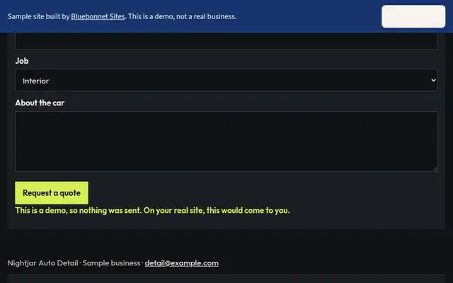 Screenshot of the sample site for Nightjar Auto Detail, a fictional business