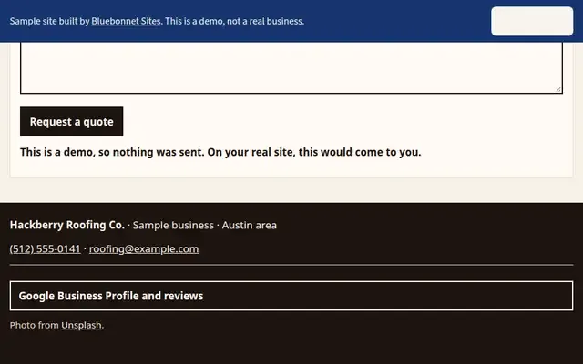 Screenshot of the sample site for Hackberry Roofing Co., a fictional business