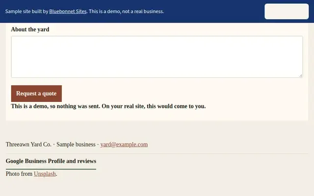 Screenshot of the sample site for Threeawn Yard Co., a fictional business